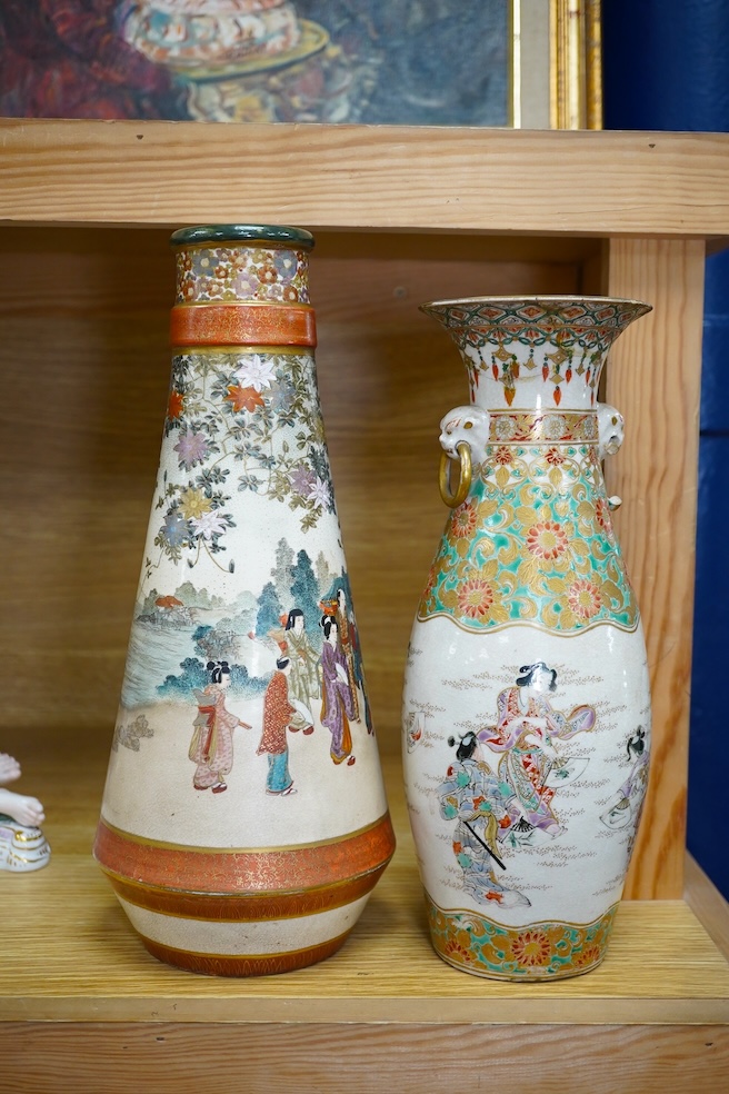 Two Japanese Satsuma vases, tallest 31cm high. Condition - both have damage